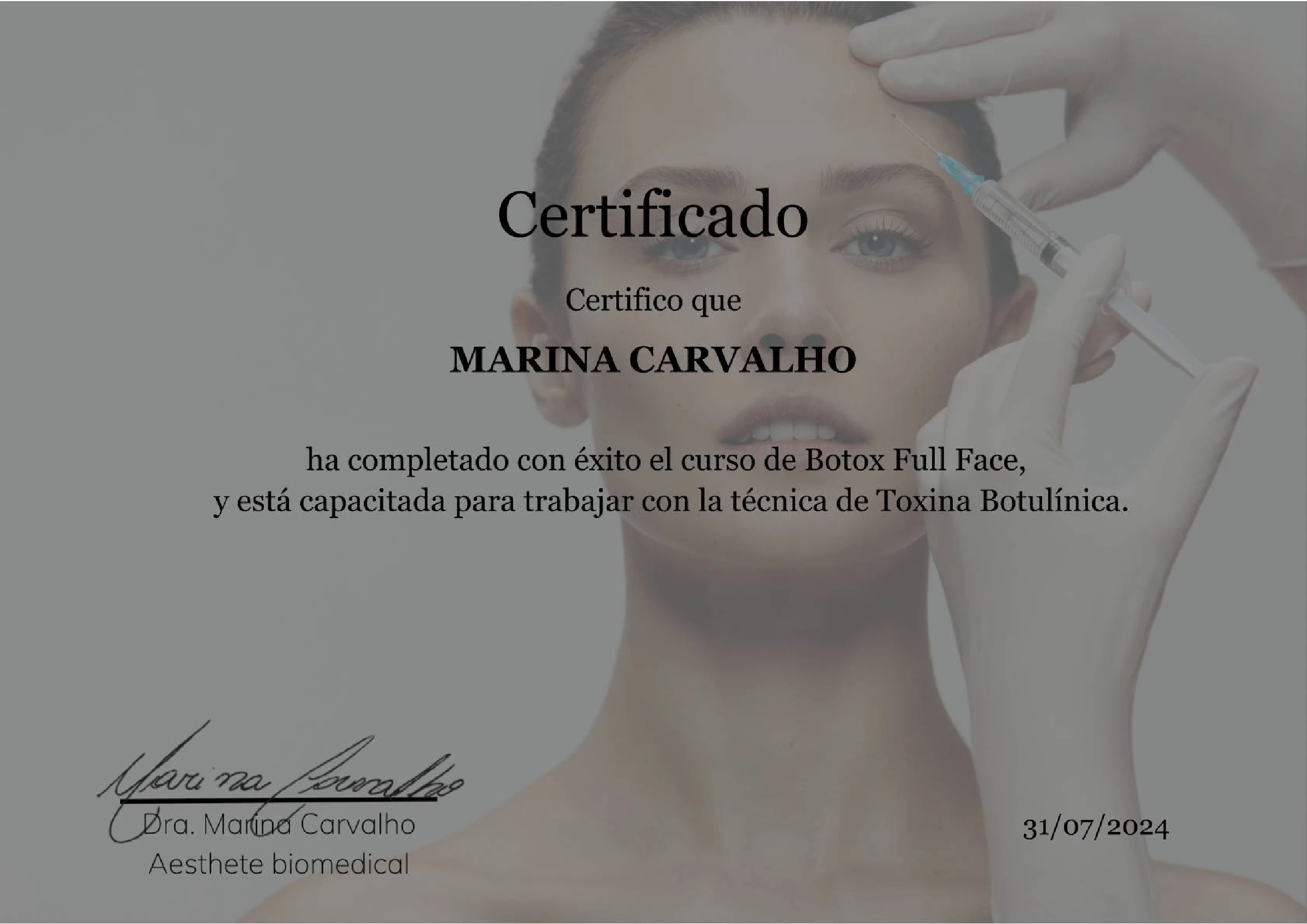 Certificado del curso Botox Full Face en español
