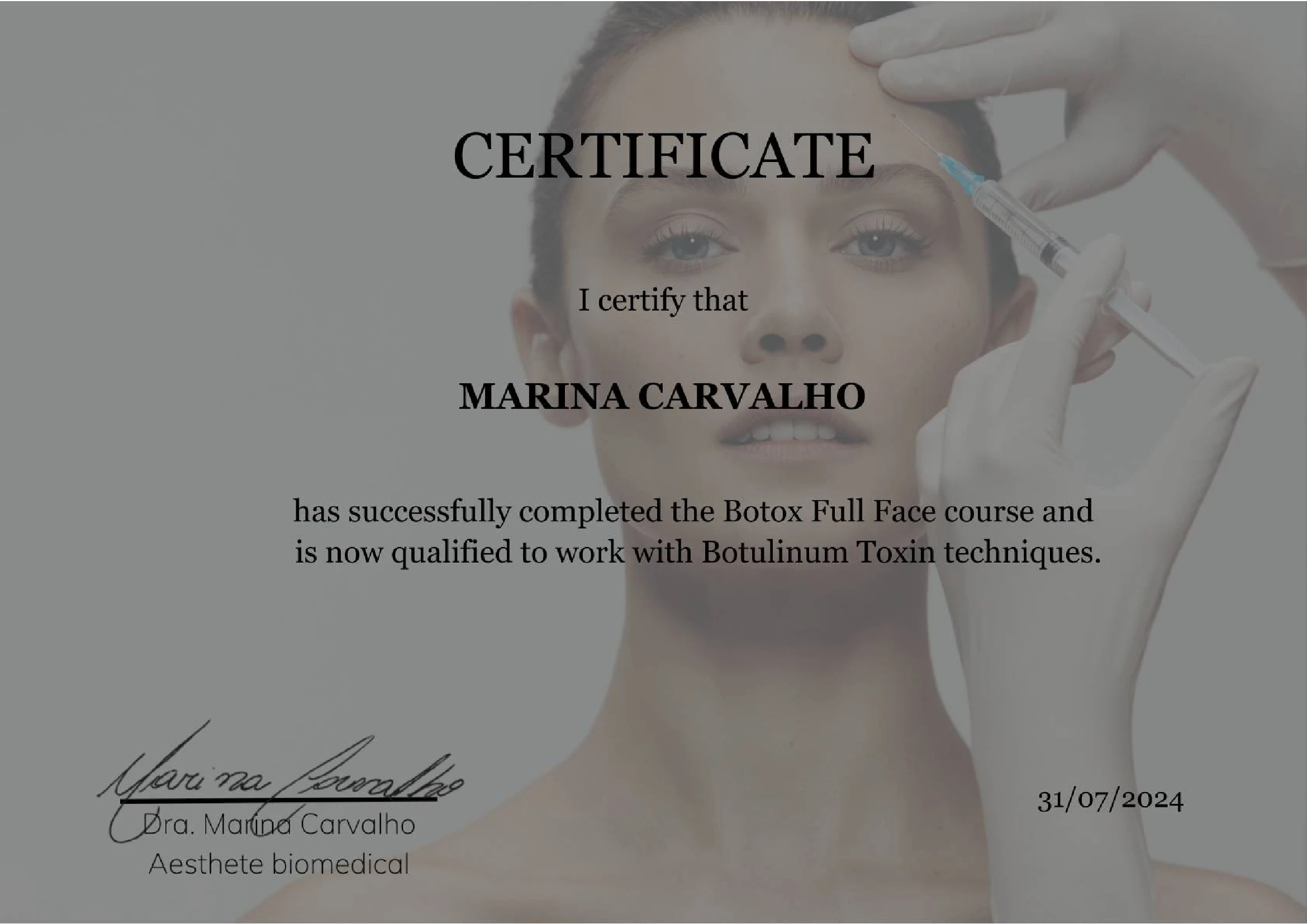Botox Full Face course certificate in English